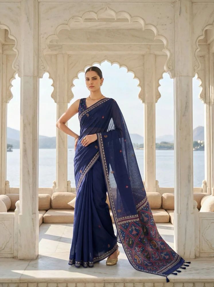 Navy Blue Patola Jamdani Cotton Saree