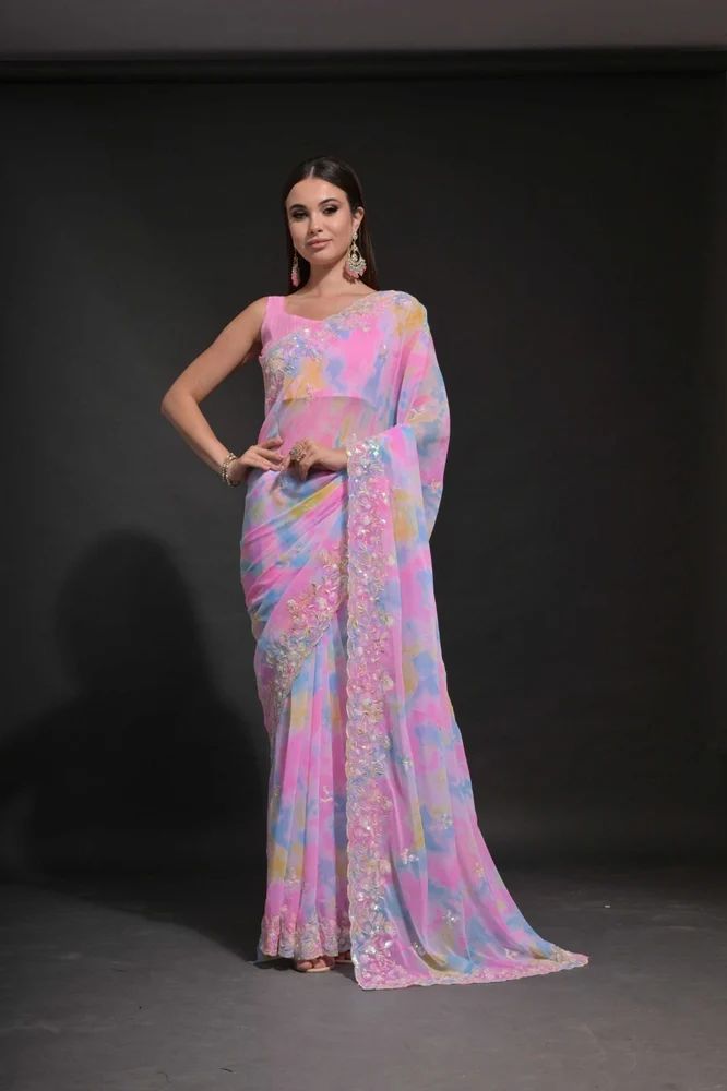CHIFFON GEORGETTE PRIZAM PRINT WITH SEQUENCE EMBROIDERY SAREE AT WHOLESALE PRICE