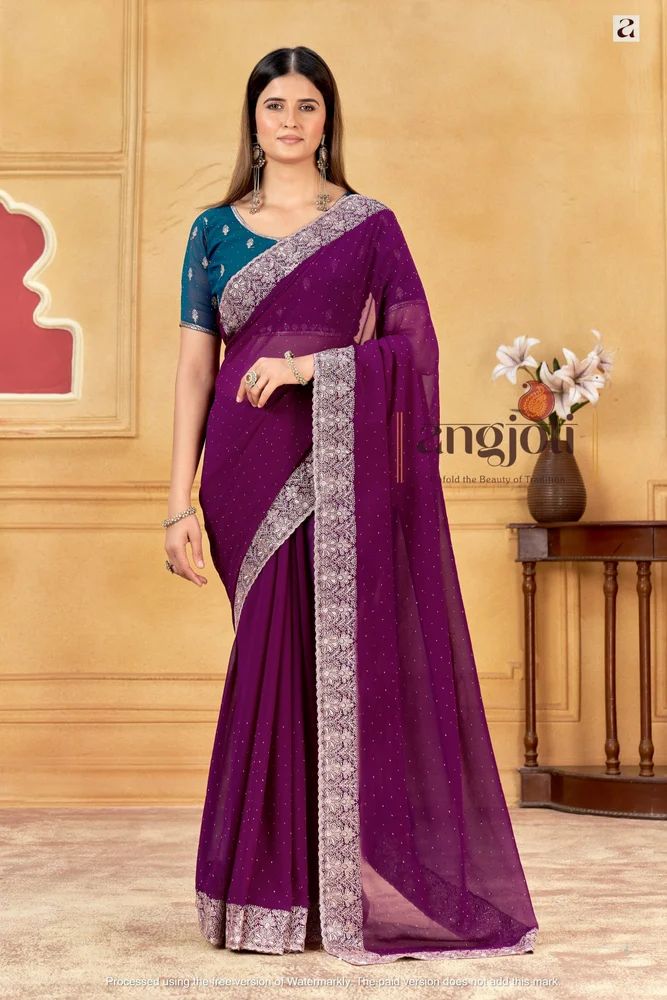Designer Purple Georgette Saree With Embroidery Border