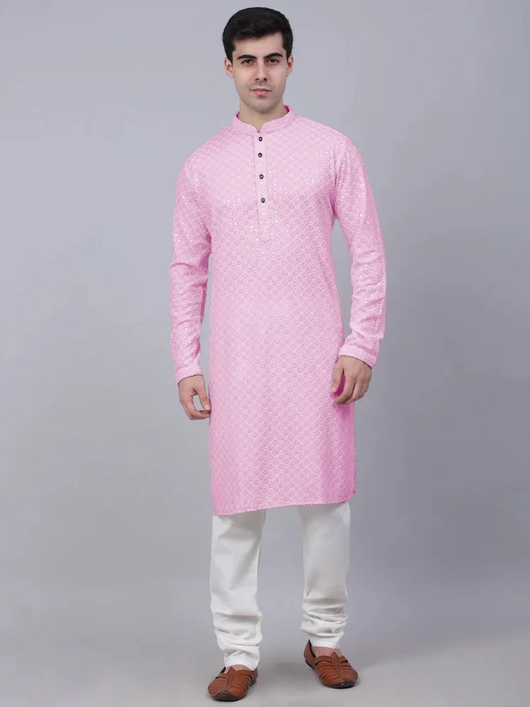 Men Embroidered, Embellished Cotton Rayon Straight Kurta