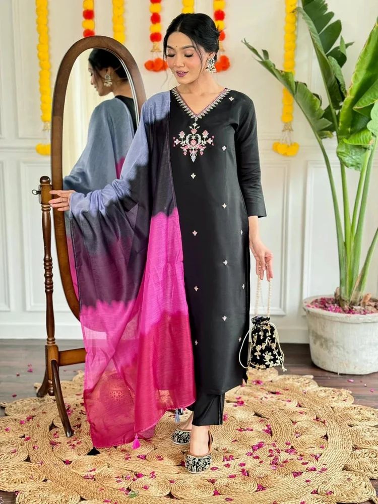 Ladies Black Viscose Chanderi Office Wear Kurti Pant Set