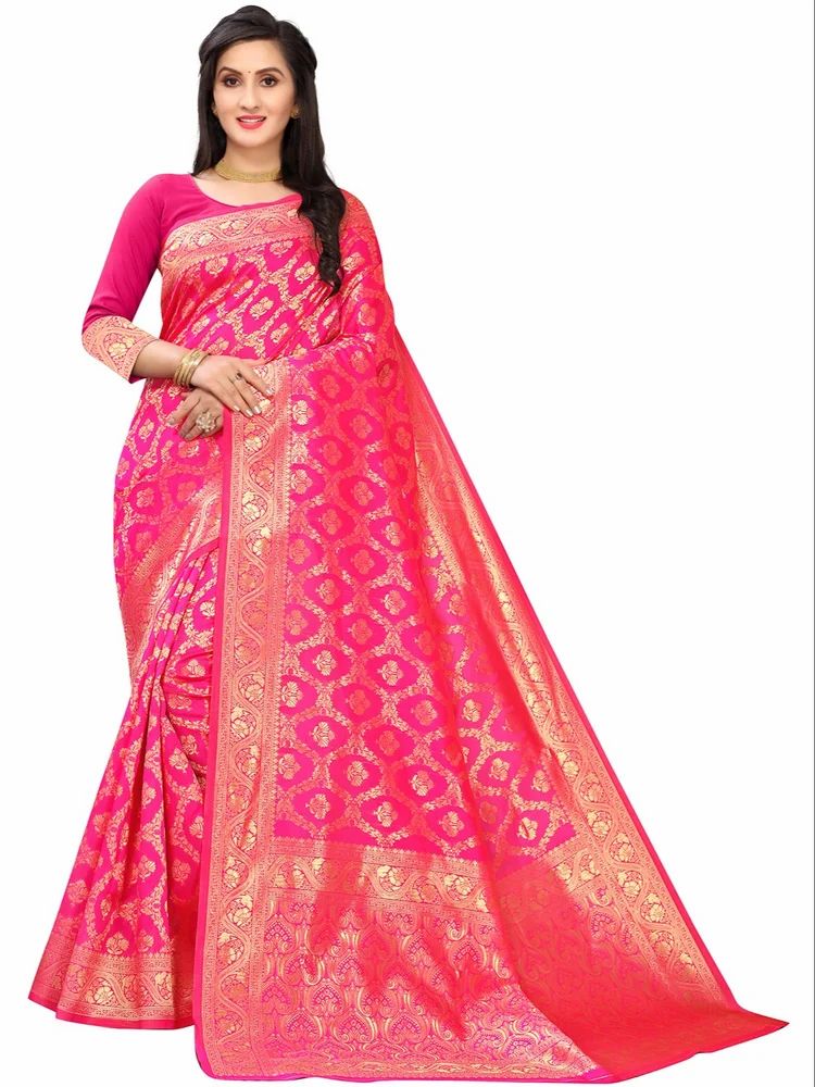 Silk Blend Jacquard Golden Zari Woven Traditional Pattern Banarasi Saree