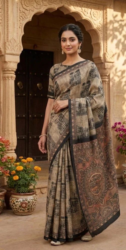 Tussar Silk Madhubani Design Beige Saree