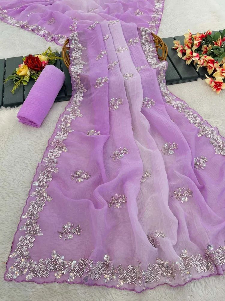 PREMIUM PIXEL CRUSH WITH CUTDANA AND MOTI WITH SEQUINS WORK SAREE AT WHOLESALE PRICE