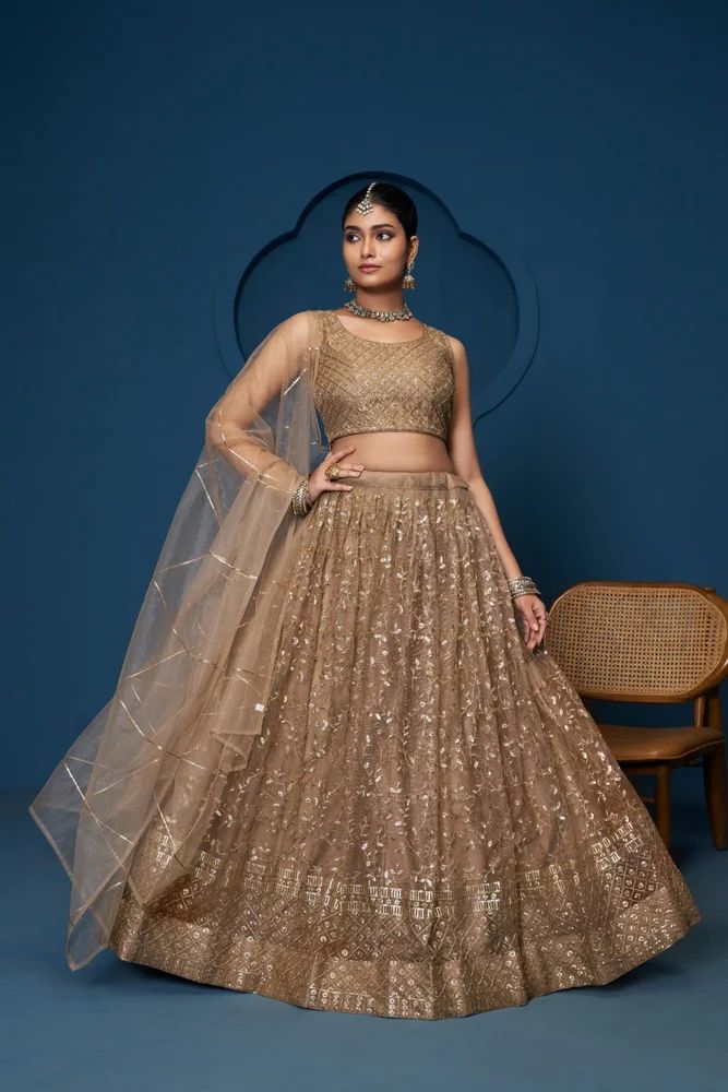 Direct Factory Rate: Brown Party Wear Soft Net Embroidered Lehenga - Trendy Culture