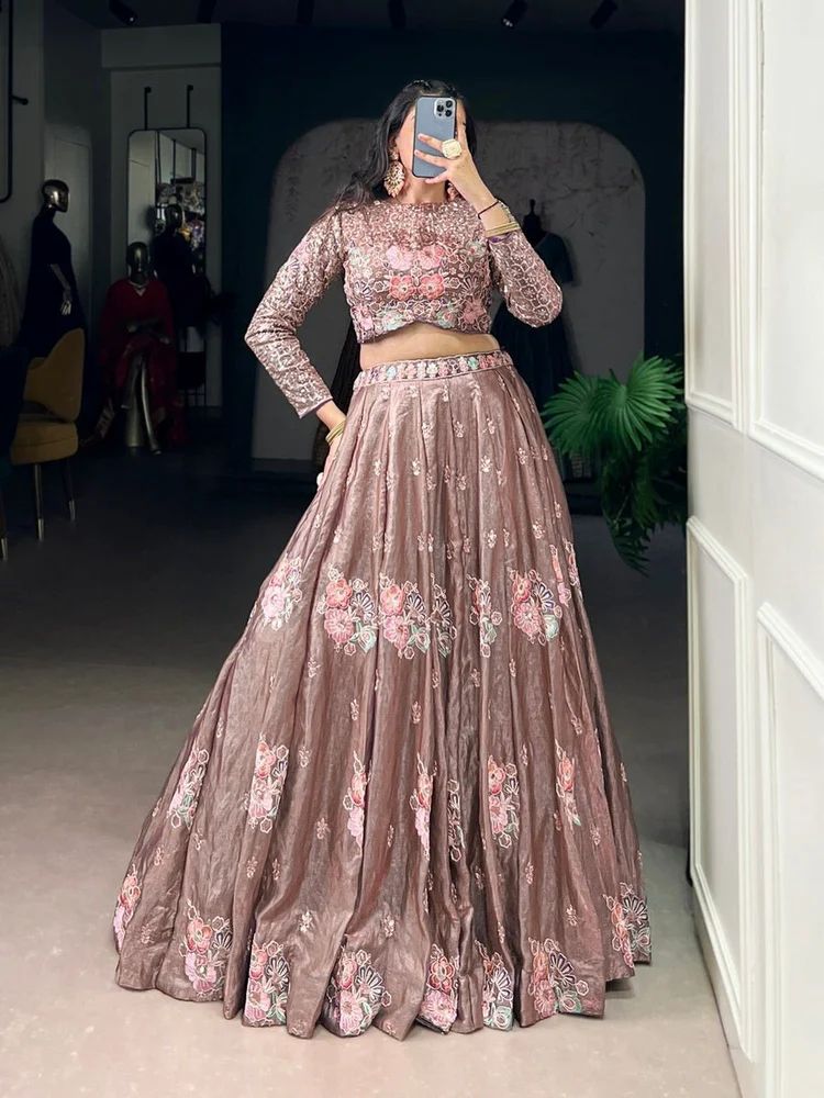 TRENDY CULTURE'S Fendi Fabric Lehenga Choli with Sequins & Thread Embroidery Work (2-Piece Set)