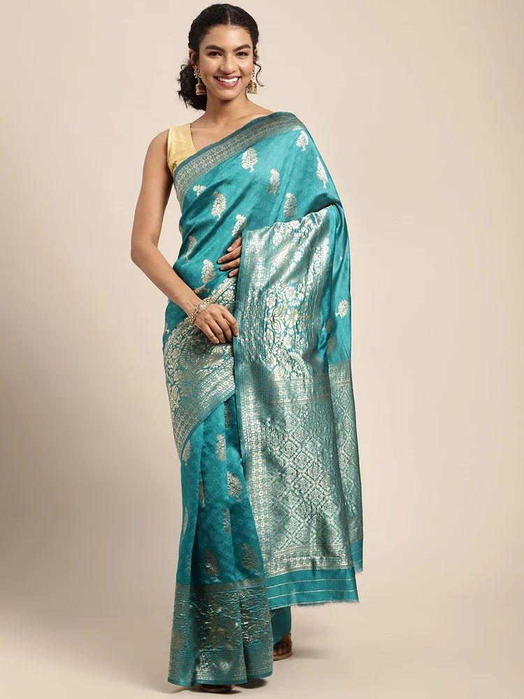 Turquoise Silk Blend Jacquard Woven Golden Zari Tree Pattern Thick Border Banarasi Saree
