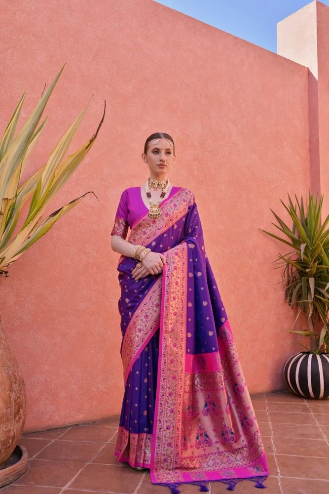 Soft Banarasi silk paithani saree with contrast  border and rich pallu