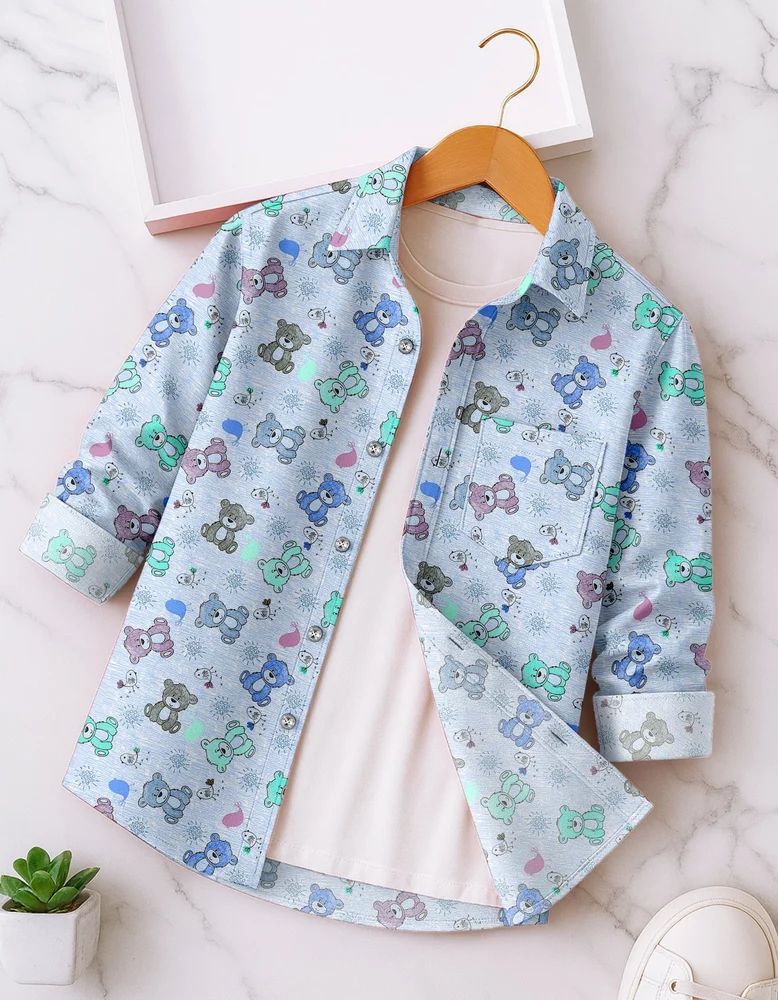 Sky Blue Boys Rayon Teddy Bears Print Shirt