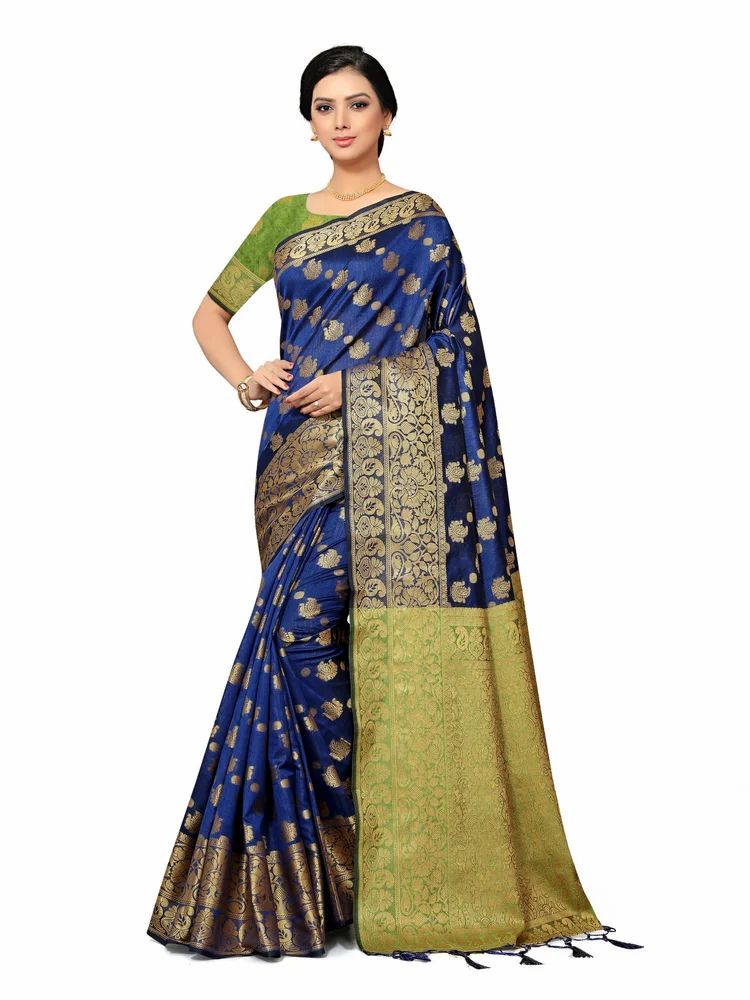 Leeza Store Women's Navy Blue Silk Blend Jacquard Golden Zari Border Tassels Banarasi Style Saree