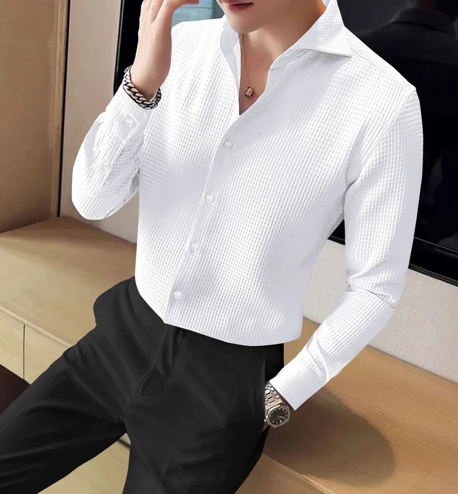Mens White Designer Shirt, waffle, Regular Fit