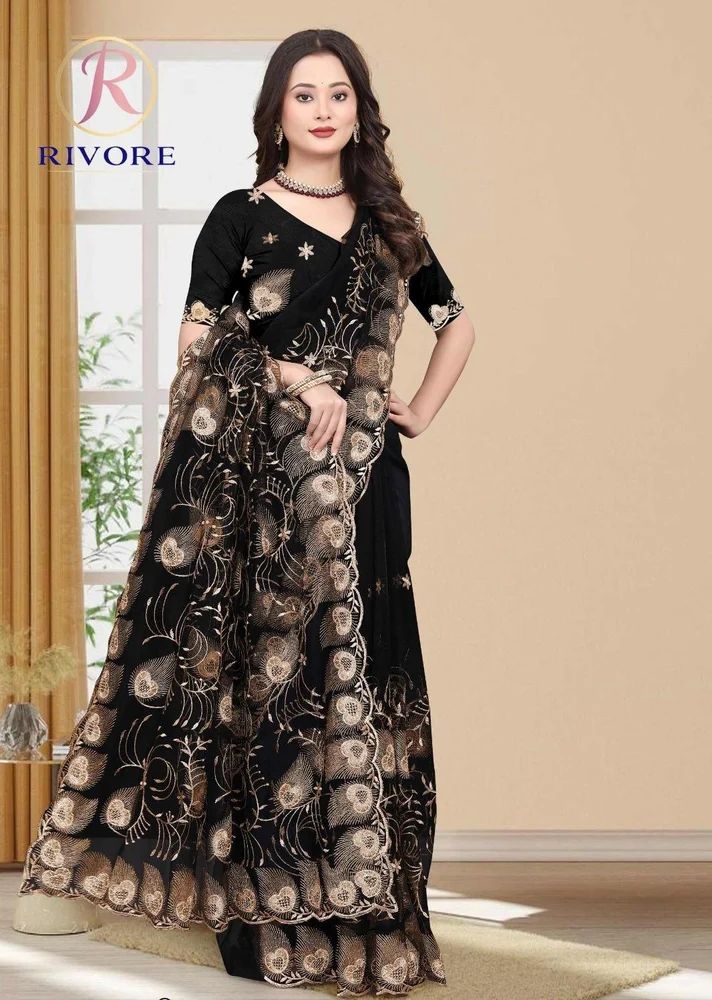 Black Net Embroidery Saree