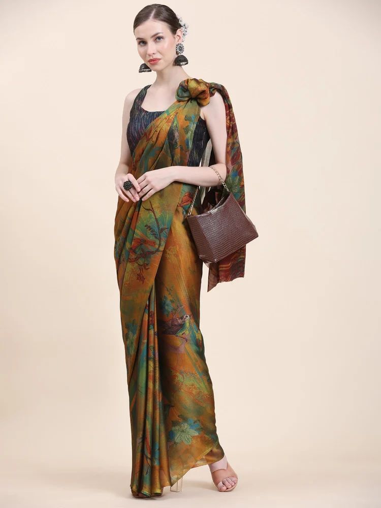 Ladies Peach Floral Printed Chiffon Saree