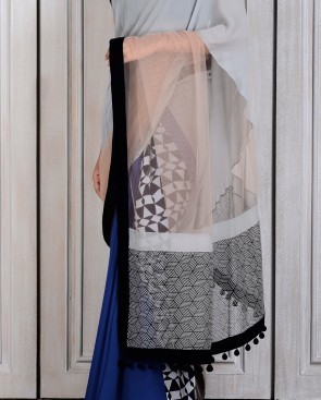 Ash Grey And Blue Sari With Monochrome Pallu