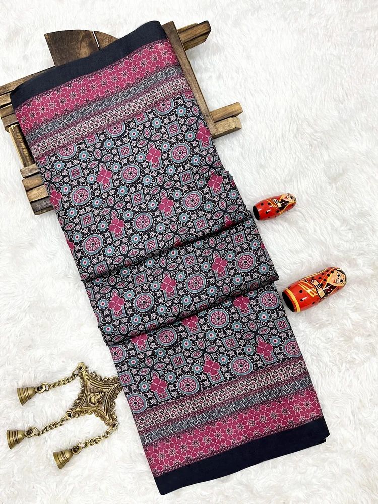 Cotton Black Ajarakh Saree