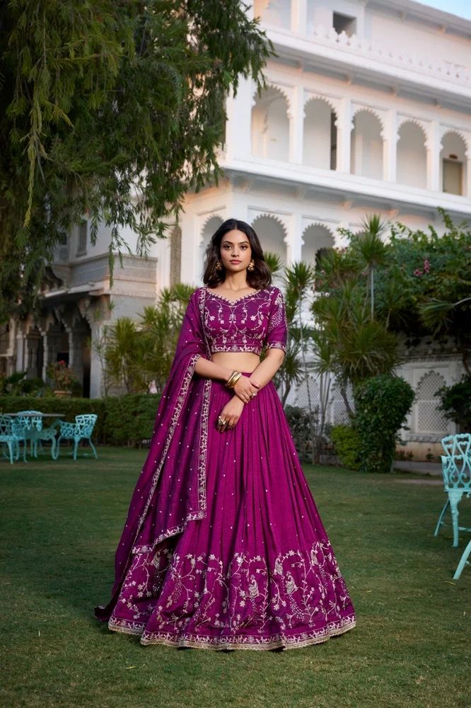 TRENDY CULTURE'S Designer Vichitra Silk Lehenga Choli Featuring Sequins and Thread Embroidery Work