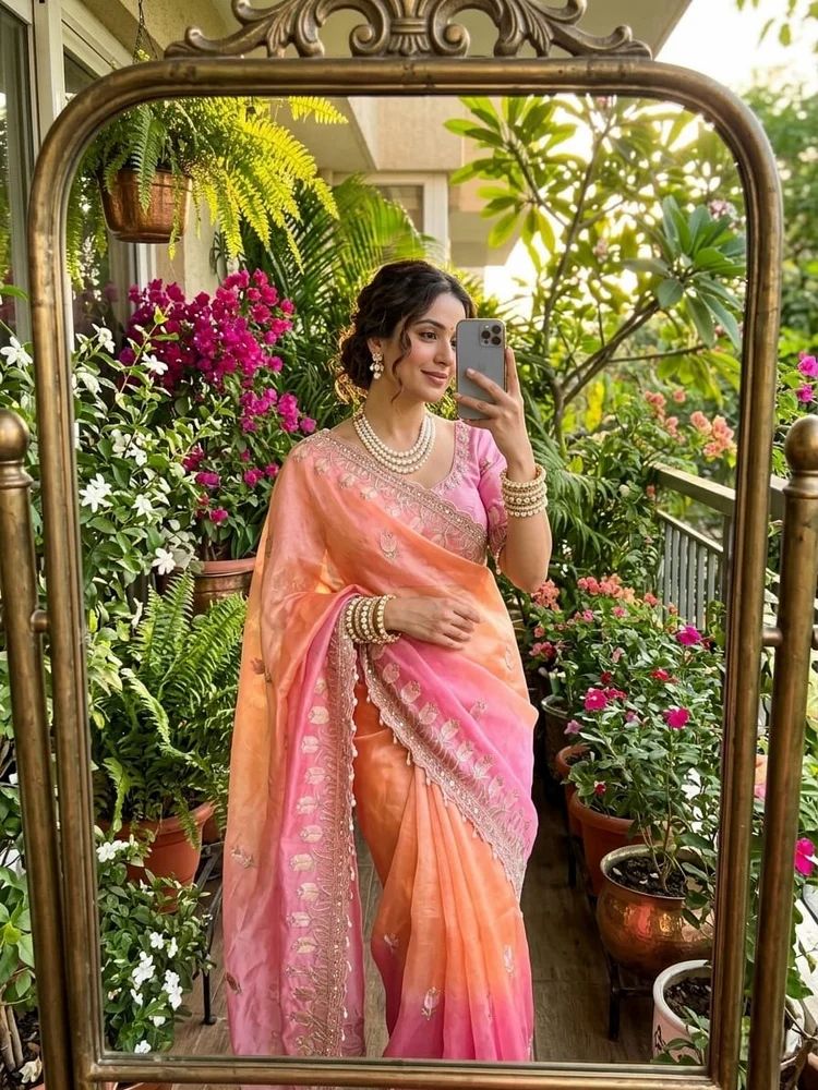 beautiful embroidery work saree with sequence and thread work border