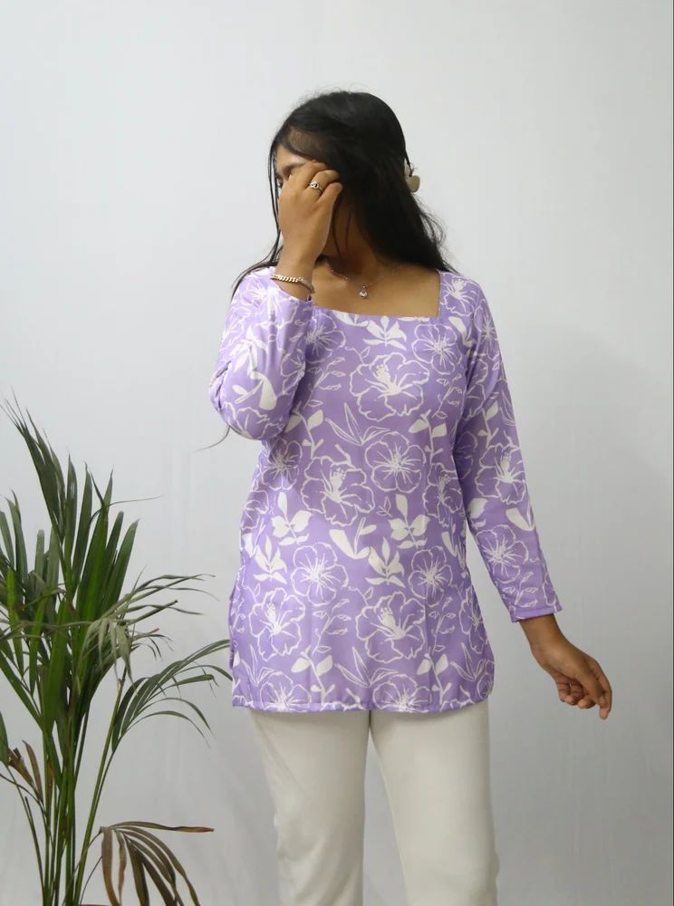 Light Purple Printed Rayon Short Ladies Kurti