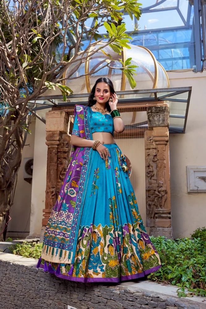 Elegant Tasar Silk Lehenga Choli with Kalamkari Print & Foil Work