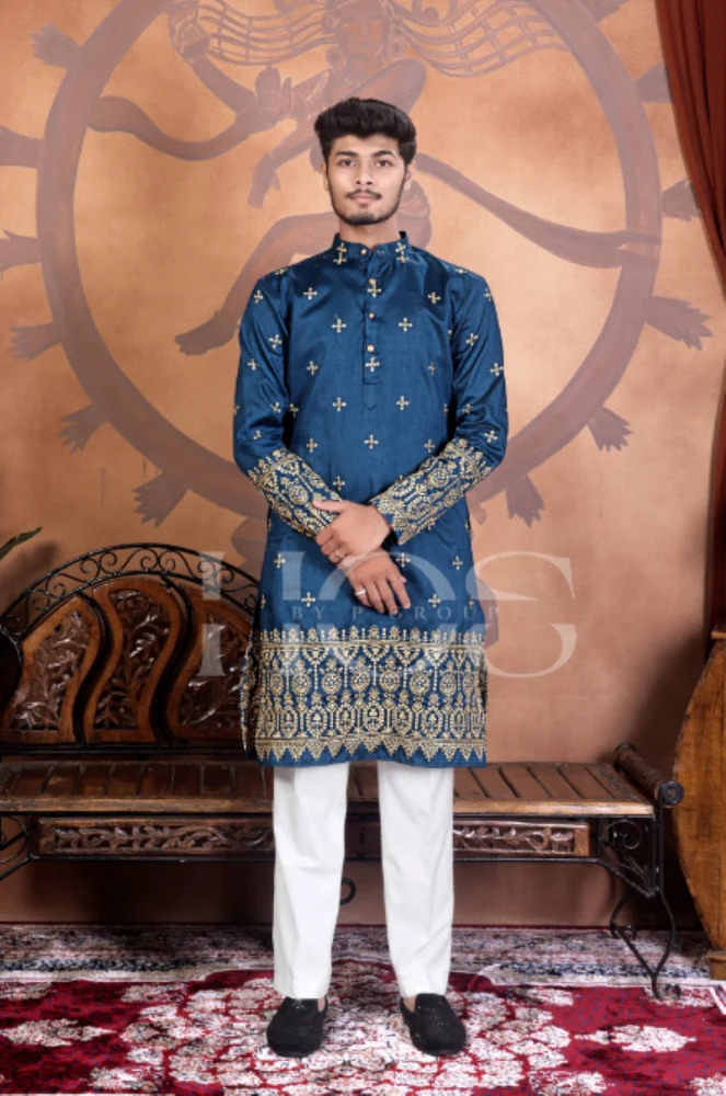 Navy Blue Palace Wedding  Men Cotton Kurta
