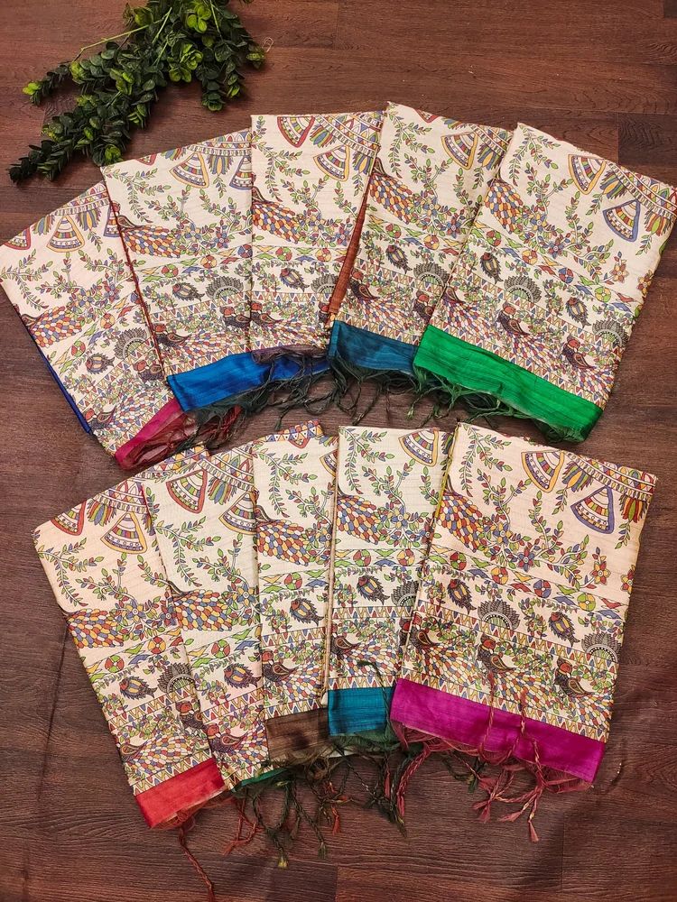 Designer Tussar Silk Saree with Hand-Type Madhubani Figures