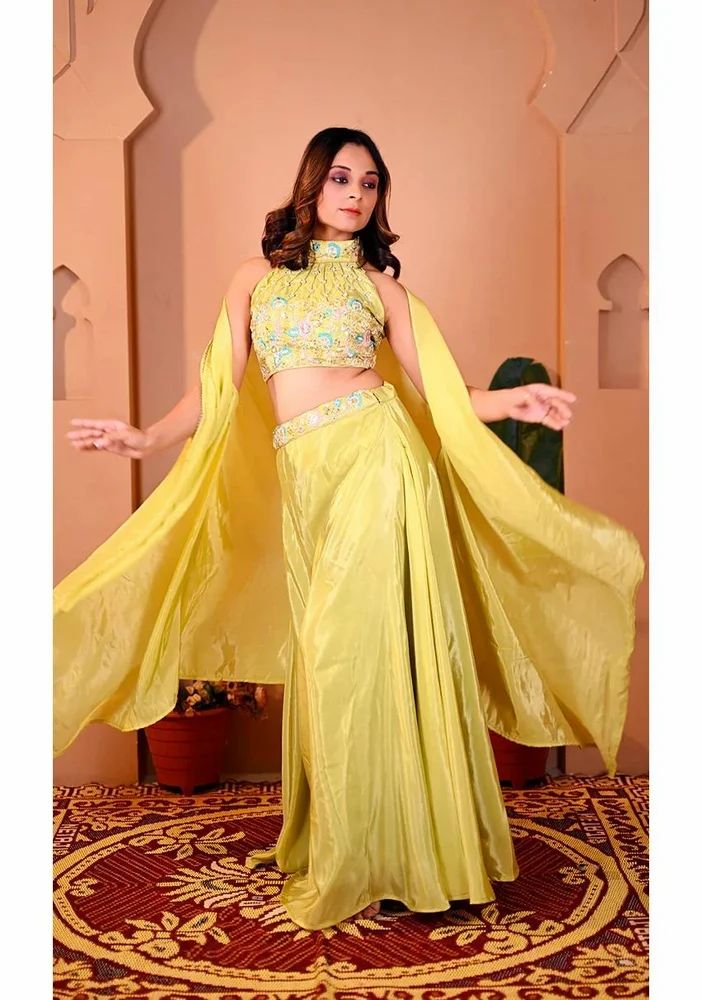 Parrot Green Viscose Indo Western Lehenga