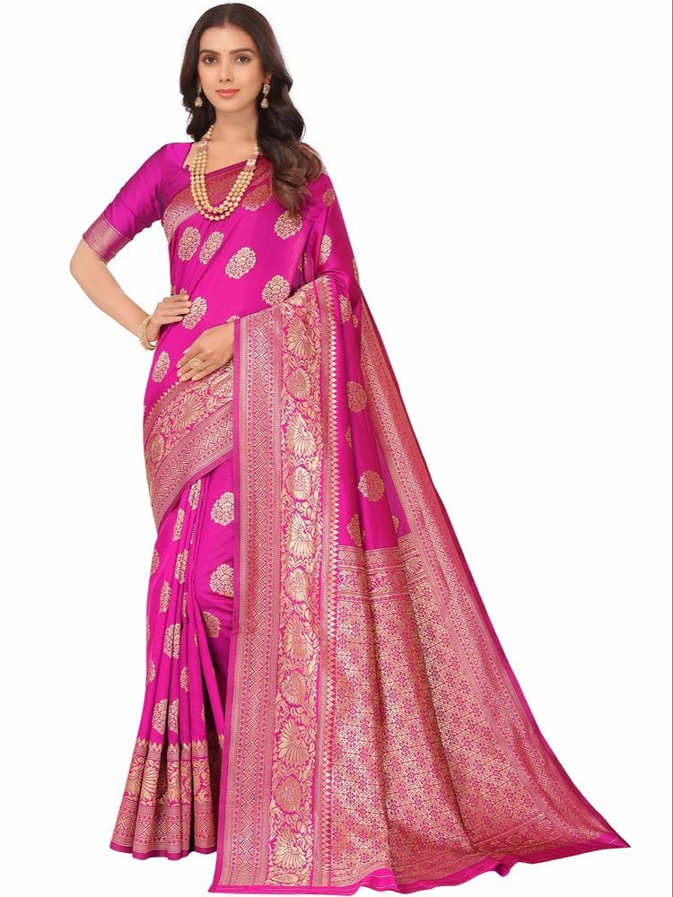 Banarasi Silk Blend Jacquard Woven Golden Zari Butta Saree With Blouse Piece