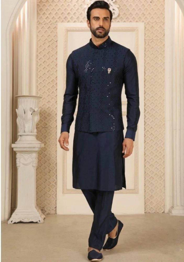 Trendy Culture's Sequence Work Navy Blue Nehru Jacket With Bottom In Art Silk