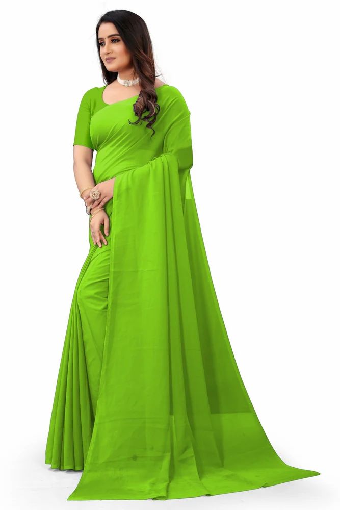 Plain Astylor Light Green Pure Gold Dyed Georgette Saree, 5m
