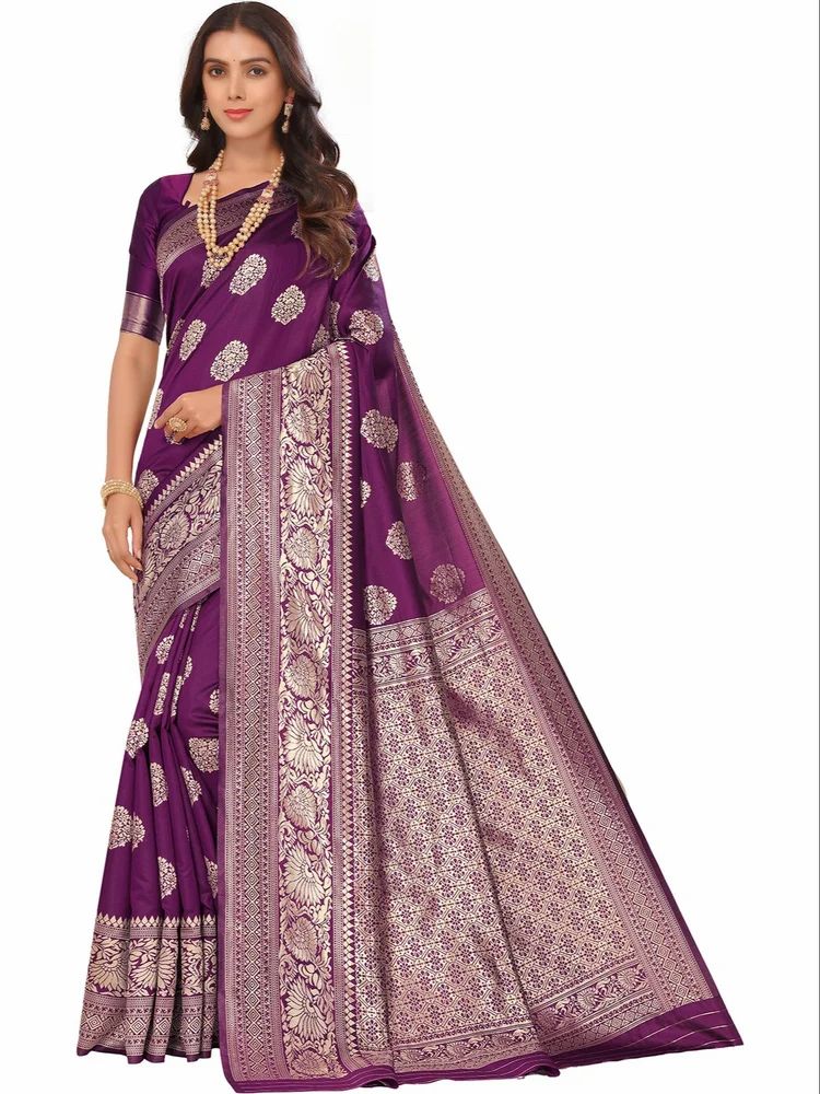 Silk Blend Jacquard Woven Golden Zari Butta Saree