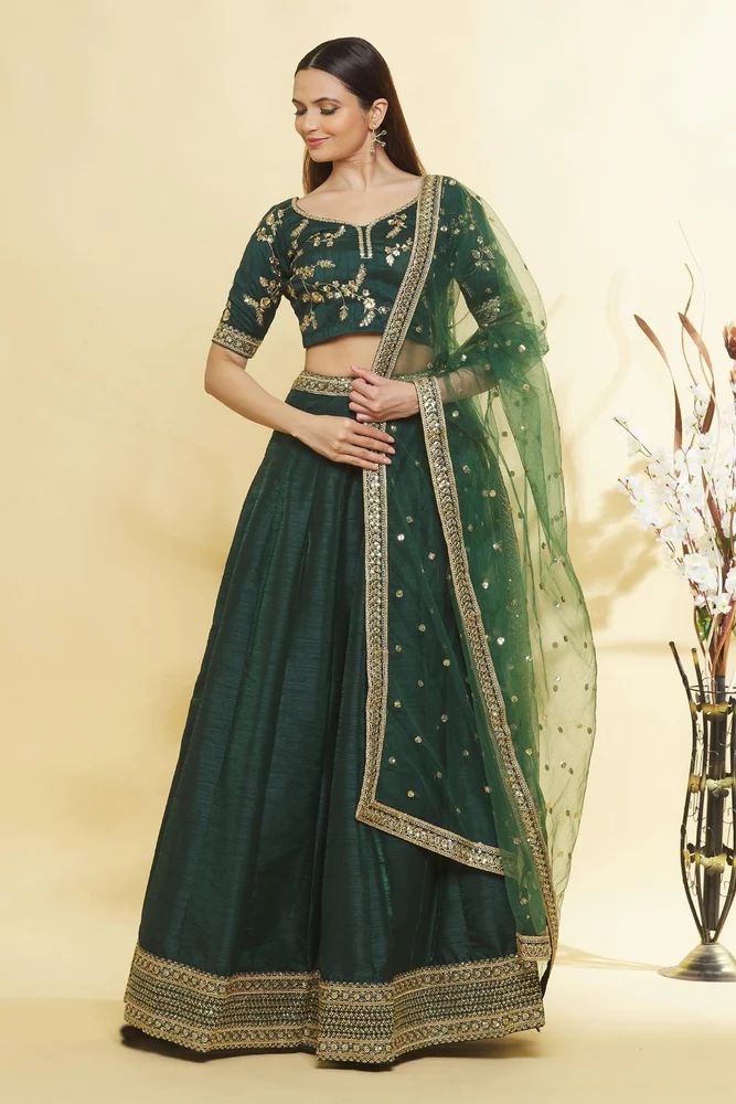 TRENDY CULTURE'S Art Silk Bottle Green Emerald Simple Lehenga Choli For Mehendi