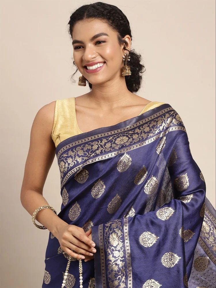 Golden Zari Woven Floral Pattern Motifs Traditional saree