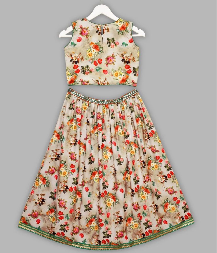 Girl Beige Cotton Printed Lehenga Choli Set