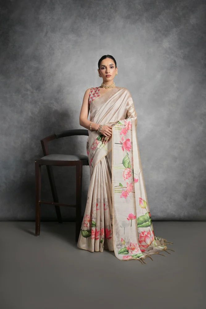 WOMEN'S SOFT TUSSAR SILK WITH BEAUTIFUL LOTUS PRINT SAREE