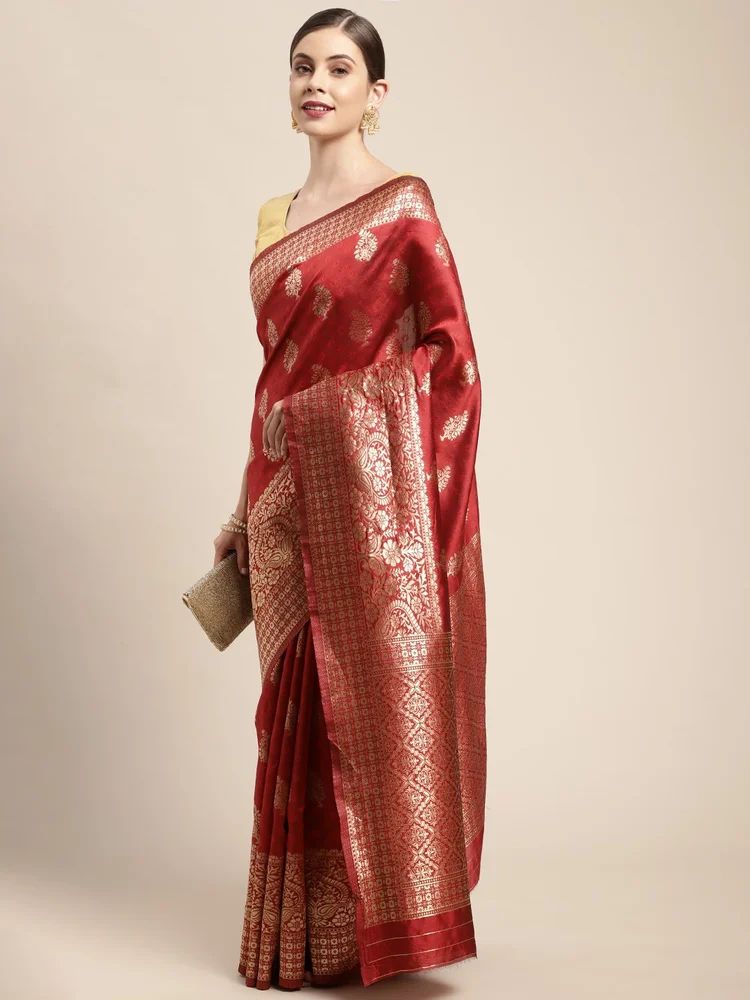 Red Silk Blend Jacquard Woven Golden Zari Tree Pattern