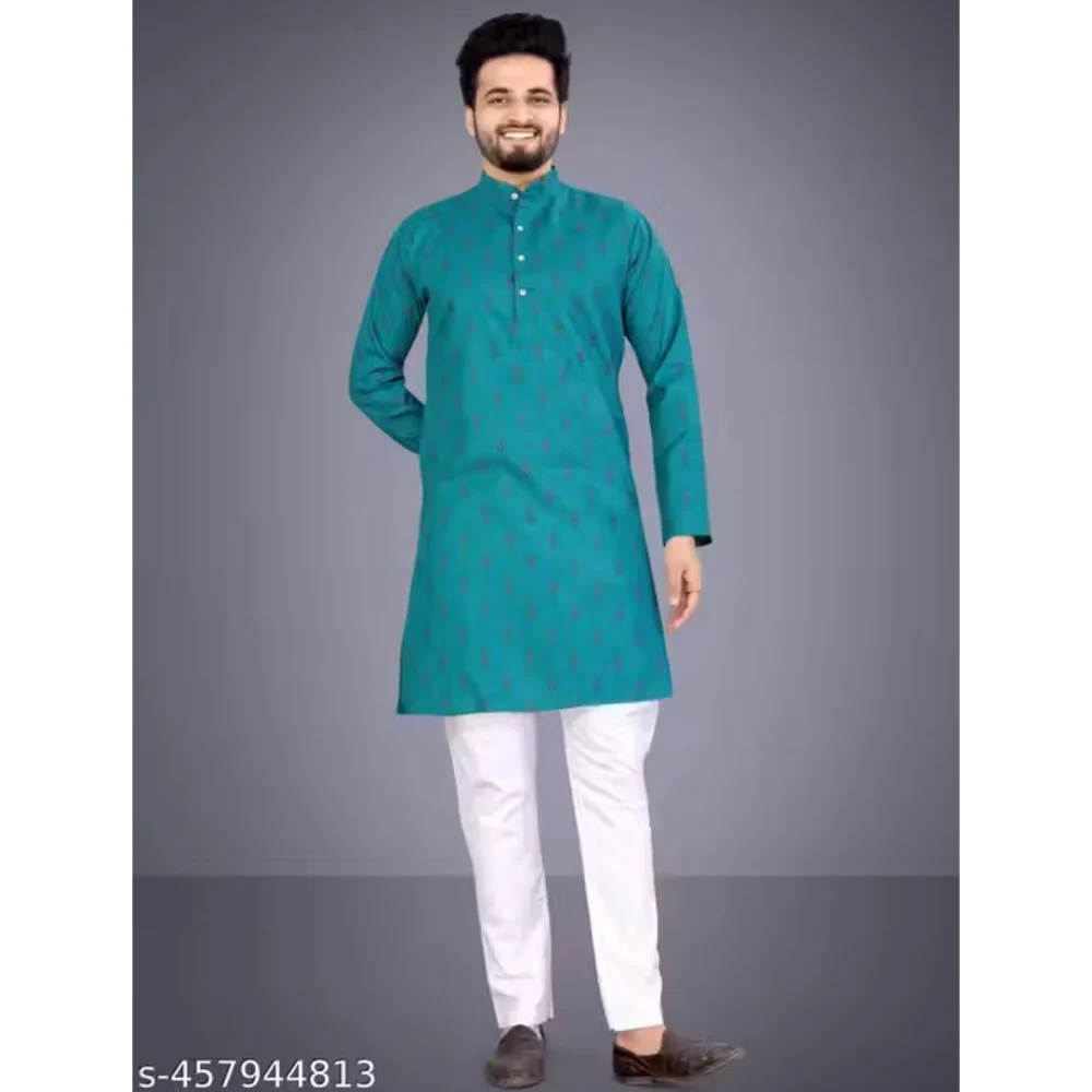Men Teal Blue Cotton Blend Kurta Pajama Set