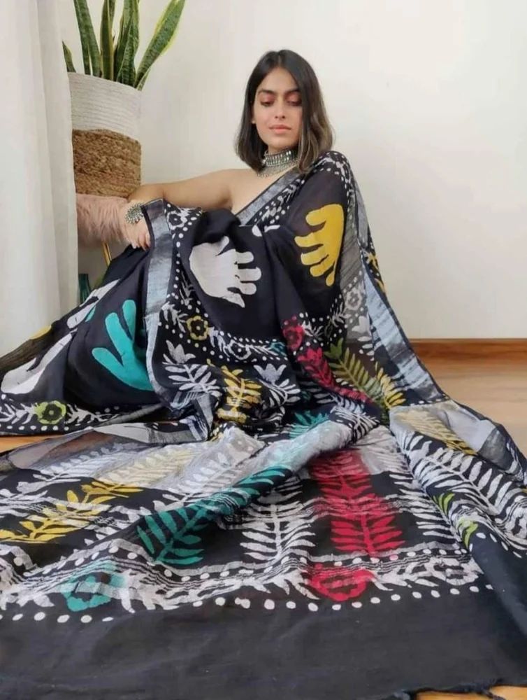 Blue Digital Printed Linen Saree