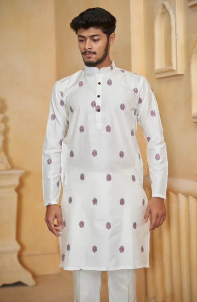 White Pine Jacquard Men Cotton Kurta