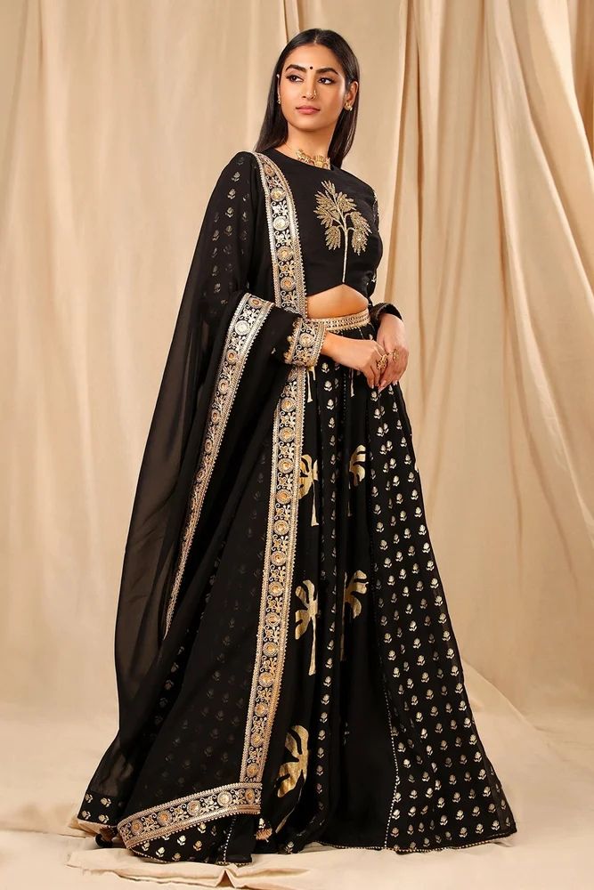 Black Georgette Sequence Zari Embroidered Work Party Wear Lahenga Choli