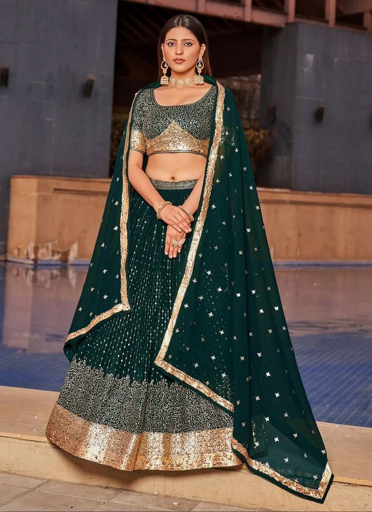 Green Georgette Multi sequins work Designer Indian Party Wear Lehenga