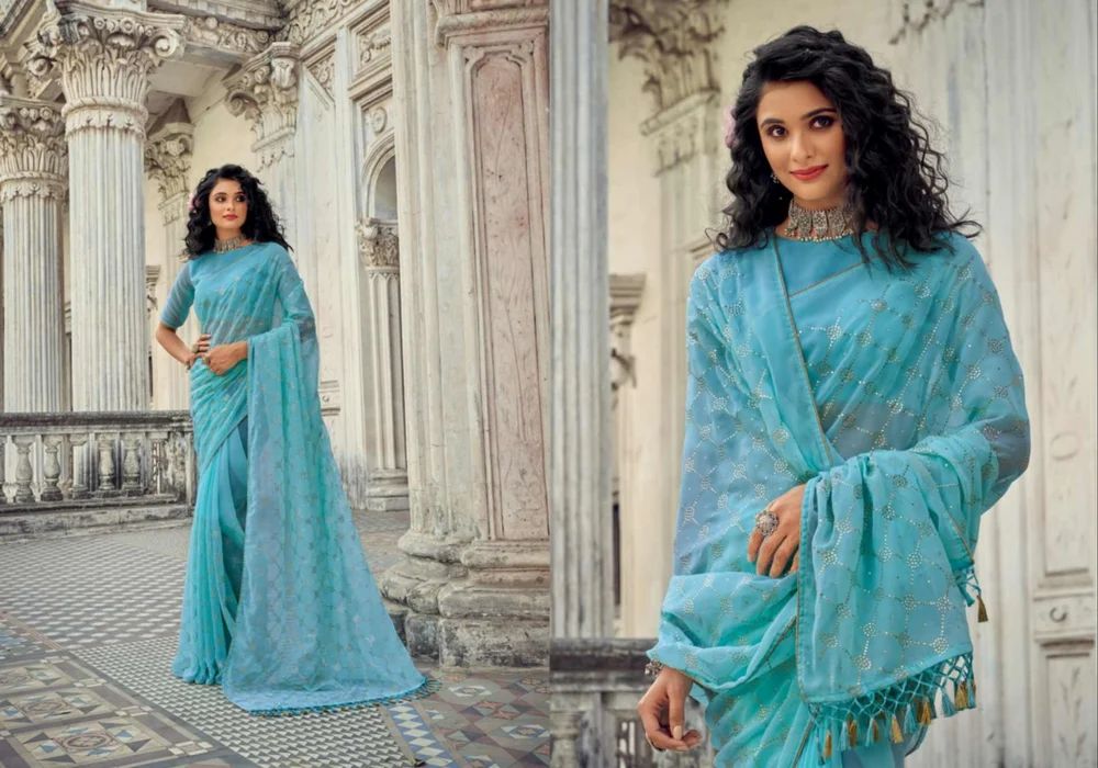 6.3m Ladies Sky Blue Embroidery Georgette Saree