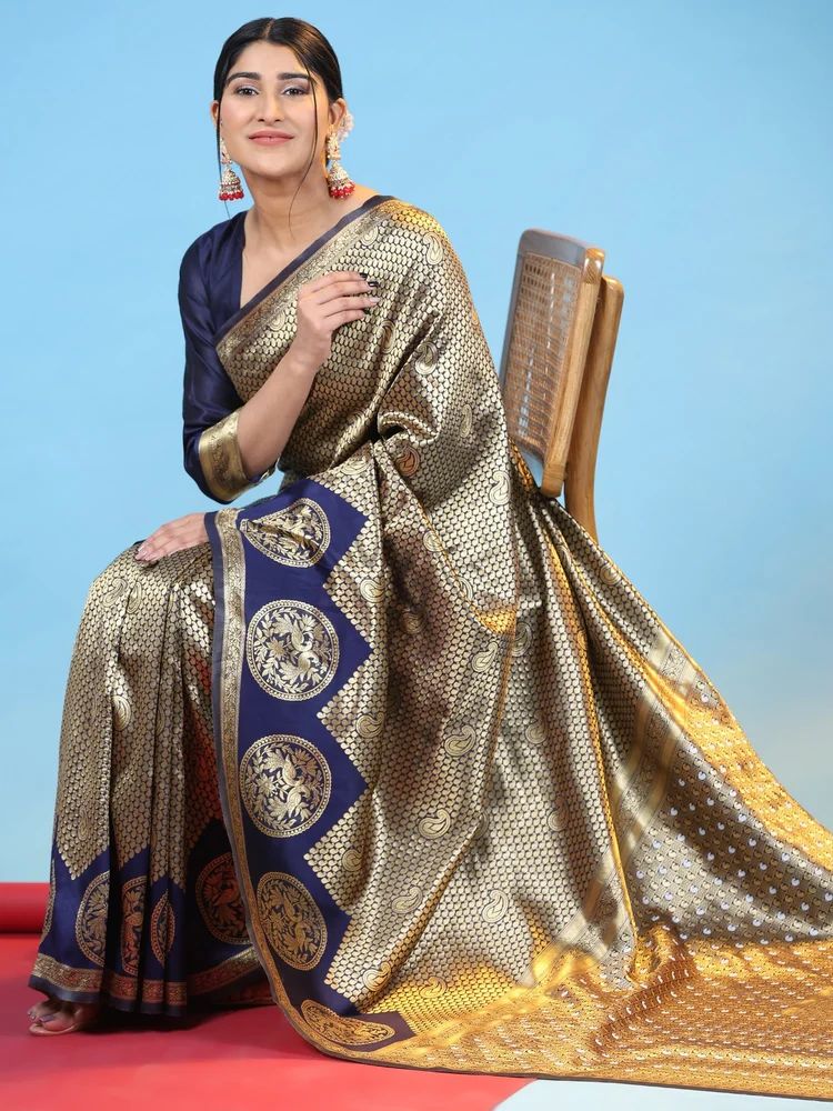 Ladies Banarasi Abstract Printed Navy Blue Art Silk Saree