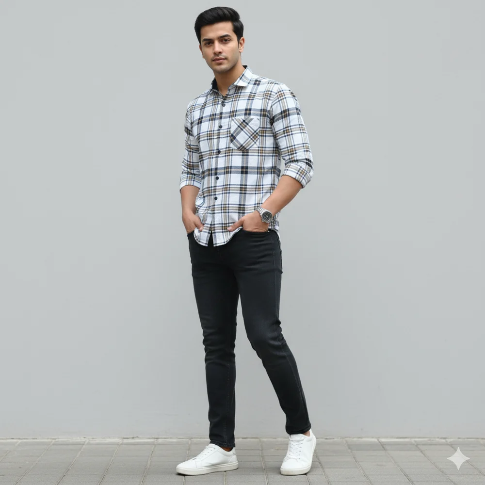 Men White Cotton Check Shirt