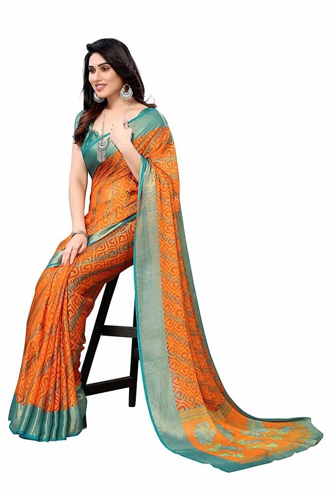 Gold Toned Ethnic Motifs Printed Soft Chiffon Brasso Saree