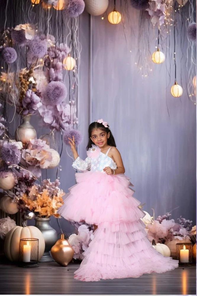 important fabric& Net FP17 Girls Pink High- Low Tiered Ruffle Party Wear Frock, 2 -6 Year