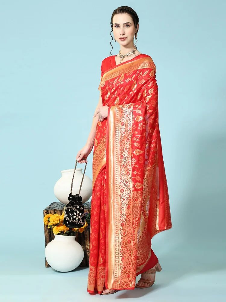 Ladies Banarasi Abstract Printed Red Art Silk Saree