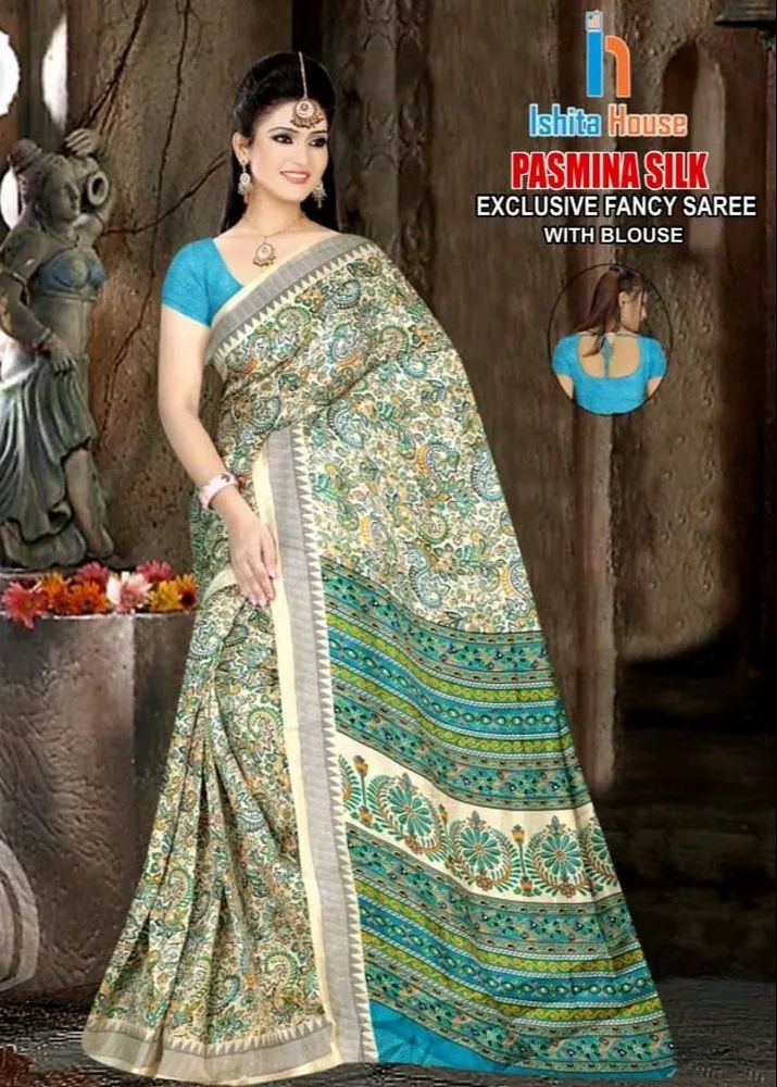 ISHITA HOUSE PRINT WITH BORDER PASMINA SILK DANCY SAREE, With blouse piece, 5.2 m (separate blouse piece)