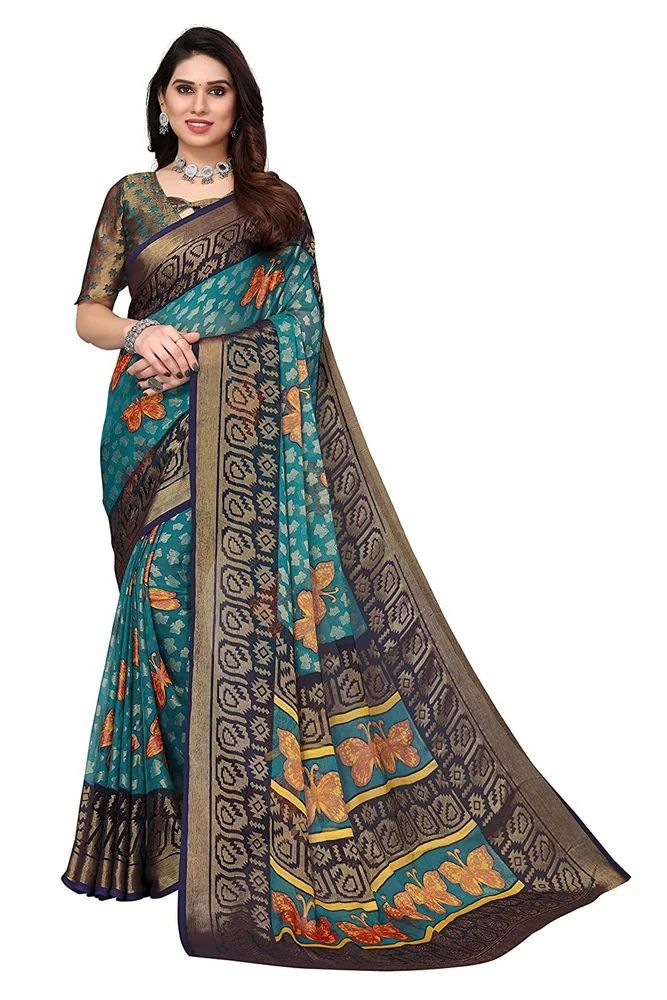 Leeza Store Gold Toned ButterFly Motifs Printed Soft Chiffon Brasso Saree