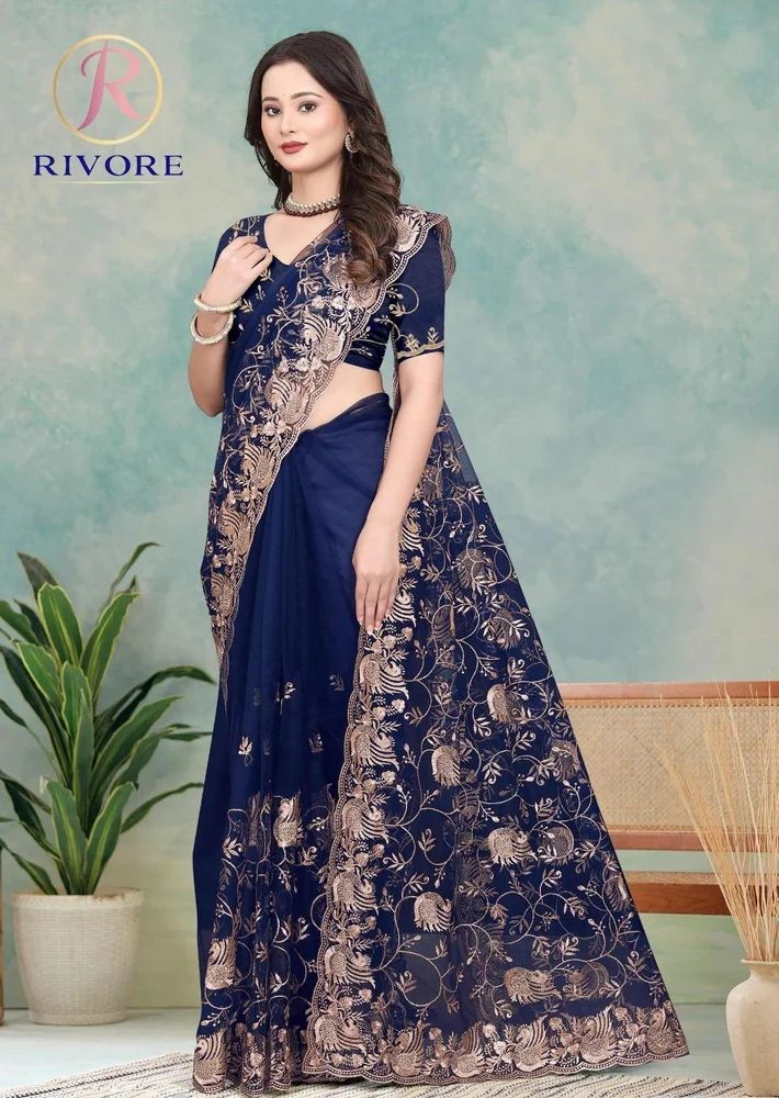 Blue Net Embroidery Saree