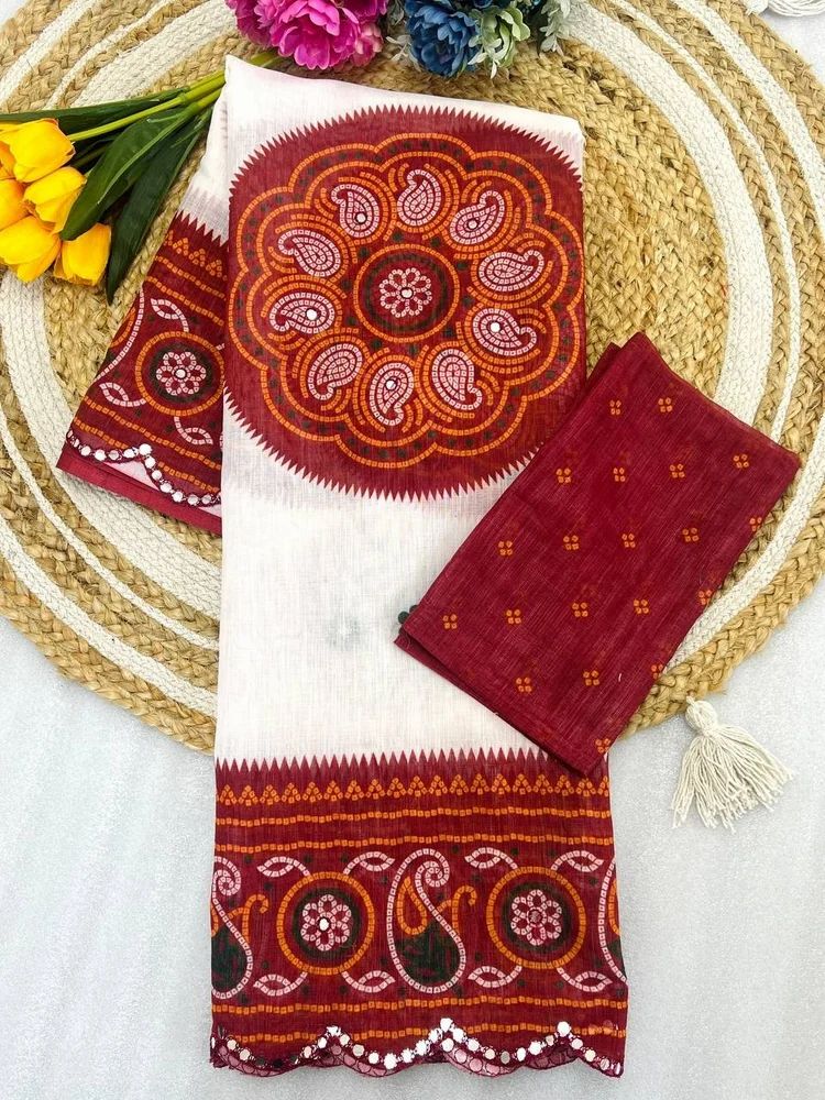Elegant Plain Linen Saree with Mirror & Digital Work